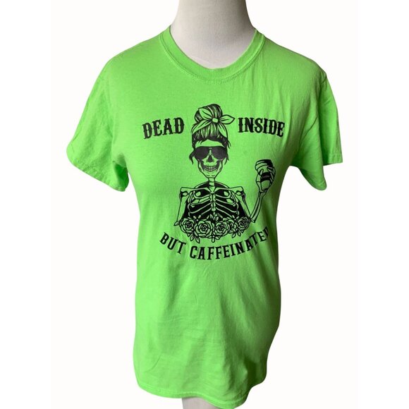 Gildan Womens Dead Inside But Caffeinated Graphic Short Sleeve Tee Green Small - Picture 7 of 8